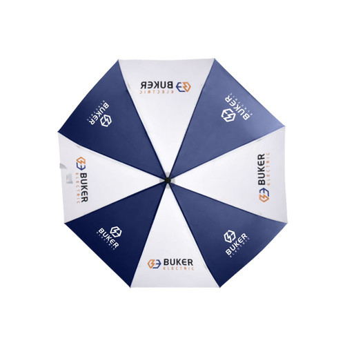 A navy and white 21'' automatic open and close umbrella with a logo printed on the panels.