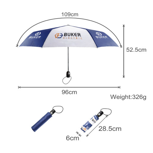 A blue and white 21'' automatic open and close umbrella with a logo, featuring measurements and a compact handle.
