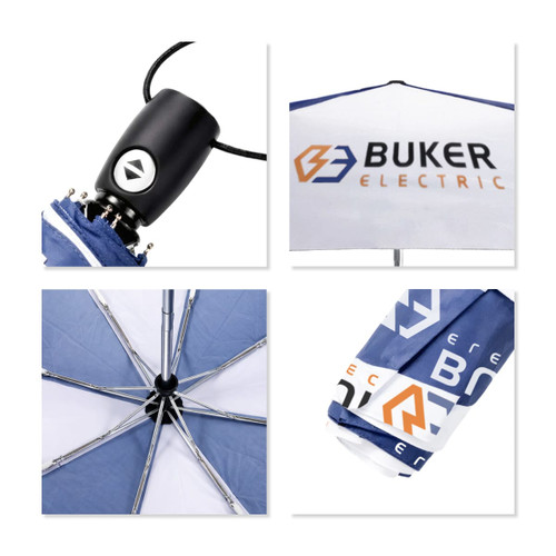 A blue and white automatic open and close umbrella featuring a logo, with close-up views of its mechanism and structure.
