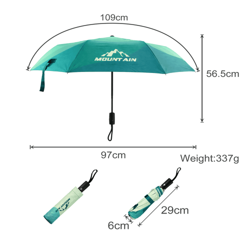 A teal and mint green 21'' automatic compact folding umbrella with a matching storage sleeve and a logo.