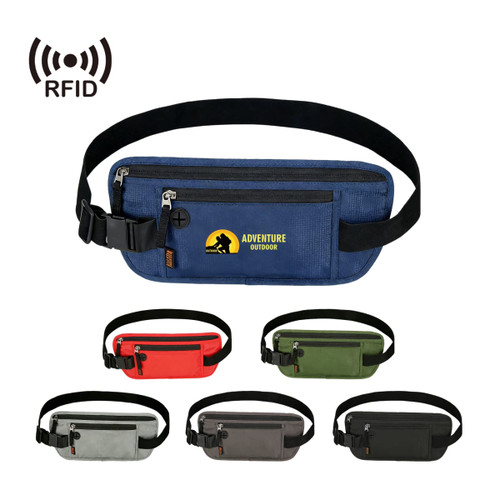 A range of Undercover Fanny Packs in blue, red, green, grey, and black, featuring RFID blocking and a logo.