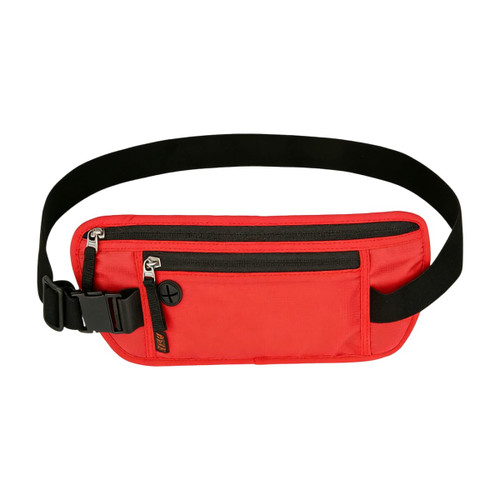 A red fanny pack with black zippers and a black adjustable strap, featuring a logo on the front.