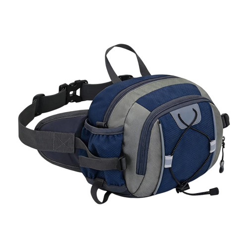 A drink bottle holder attached to a navy and grey waist bag with multiple compartments and straps.