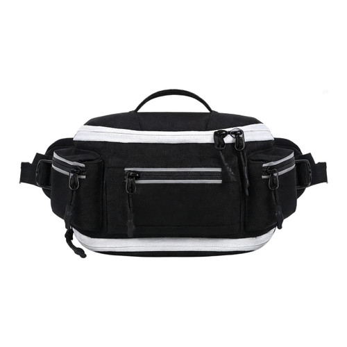 An expandable bum bag in black with white accents, featuring multiple zippered compartments and a handle.