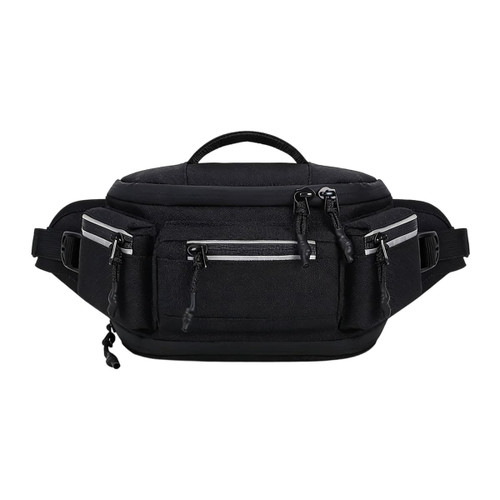 A black expandable bum bag featuring multiple zippered pockets and a handle on top. Includes a logo.