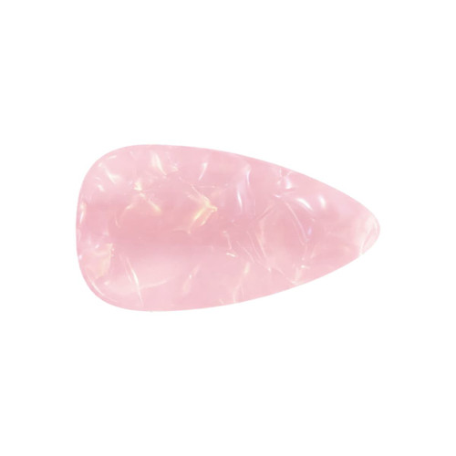 A teardrop-shaped, iridescent hair clip in soft pink, featuring a glossy finish. It includes a branding logo.