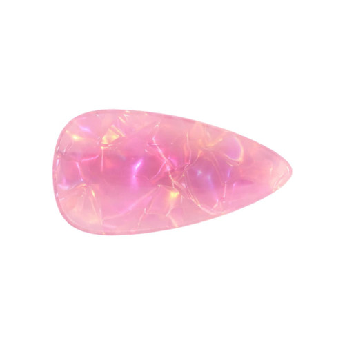 A teardrop-shaped alligator hair clip in iridescent pink, featuring a glossy, textured surface and a branding logo.