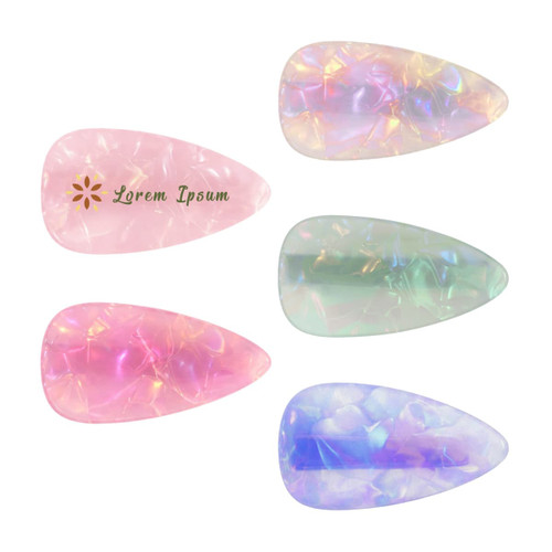 Five iridescent teardrop-shaped hair clips in pink, green, and blue hues, featuring a subtle marbled effect.