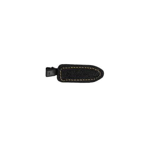 A denim hair clip in black with yellow stitching, featuring a plastic clasp and a simple design.