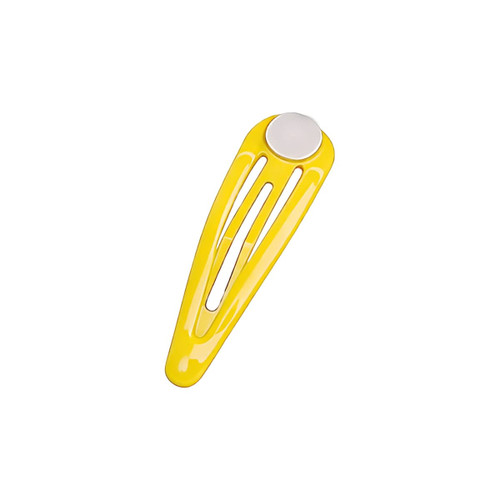 A yellow hair clip with a smooth circular feature at one end and slotted design for styling. Includes a logo.