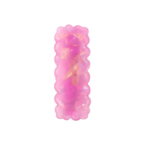 A wavy rectangle hair clip in iridescent pink, featuring a glossy finish with swirling colours.
