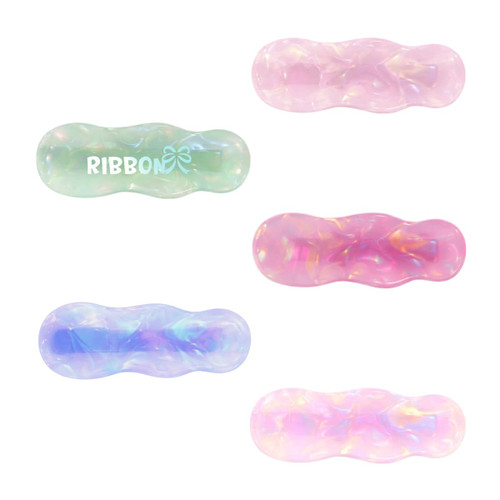 Five iridescent hair clips in pink, green, and blue hues, featuring a glossy, wavy design with a logo.