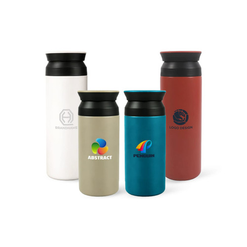 A drink bottle collection featuring four double wall stainless steel bottles in white, beige, turquoise, and red, each with a logo.