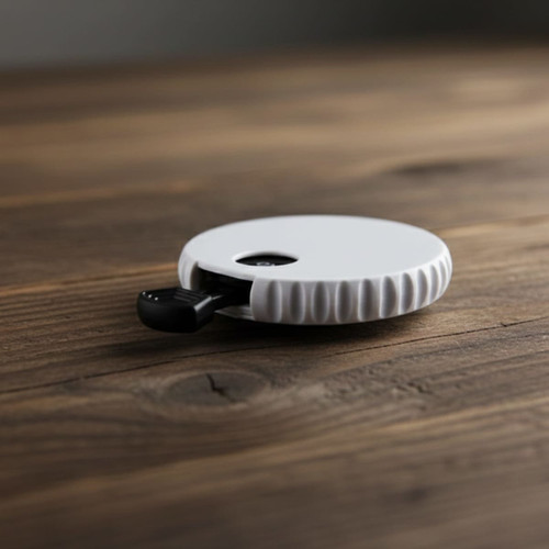 A drink bottle opener in white with a textured grip, resting on a wooden surface. It features a logo.