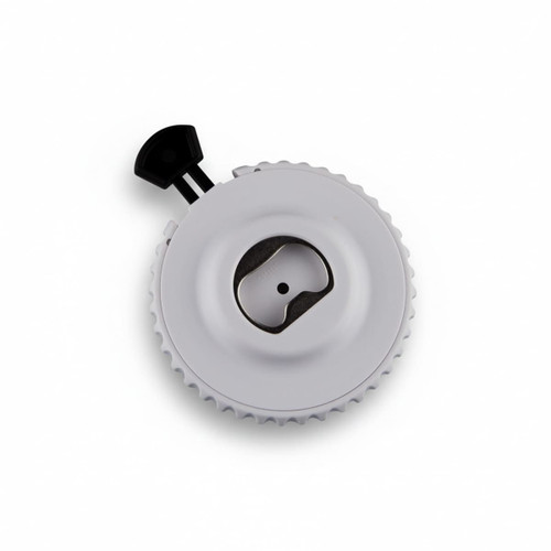 A drink bottle opener in white, featuring a circular design with a black lever and a small logo.