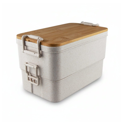A stackable lunch box in light grey with a bamboo lid and sturdy clips. It features a natural, textured finish.
