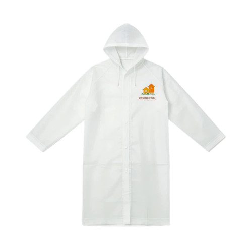 A white raincoat with a hood and a logo, featuring a button-up front and long sleeves.