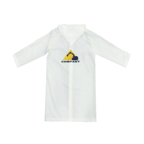 A white reusable EVA raincoat with long sleeves, featuring a logo on the front.