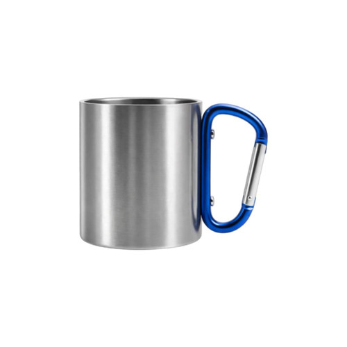 A drink bottle in stainless steel with a blue carabiner handle. It features a sleek, metallic finish.