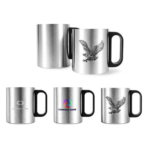 A stainless steel insulated mug with a plastic handle, featuring various designs and a logo. Available in silver with black accents.