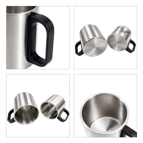 A stainless steel insulated mug in silver with a black plastic handle, showing interior and exterior views.