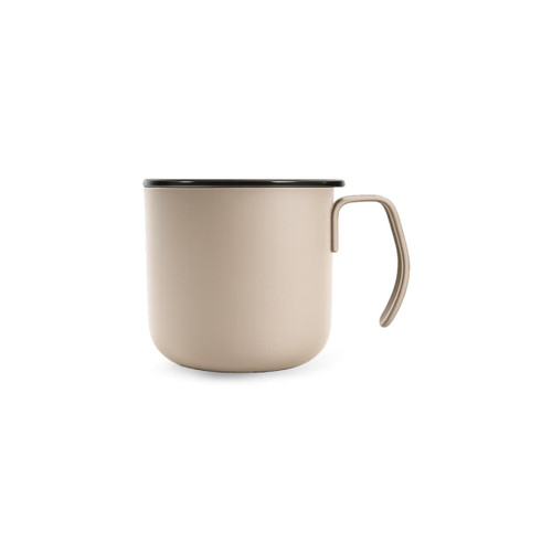 A stainless steel insulated mug in a beige colour with a black rim and handle. It features a logo.