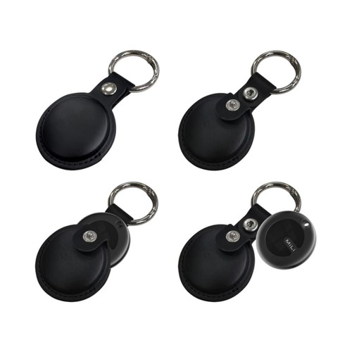 A set of black tracking tags with keyring attachments, featuring a PU case and rounded design.