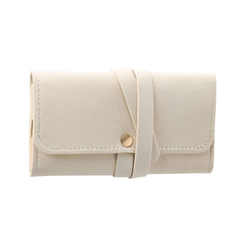 A synthetic leather jewellery bag in a soft cream colour, featuring a secure closure and a sleek design.