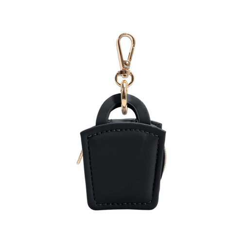 A black mini PU leather jewellery box with a gold clip. It features a small handle and zip closure.