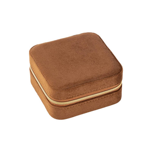 A velvet jewellery organiser in a square shape, featuring a soft brown finish and a gold zipper.