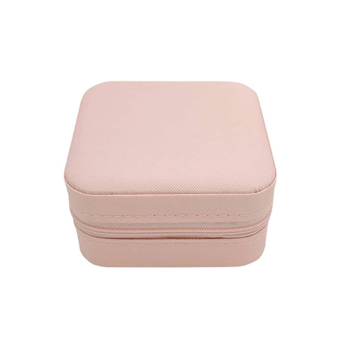 A pink PU leather jewellery box with a textured surface and a zipper closure. It has a simple, compact design.