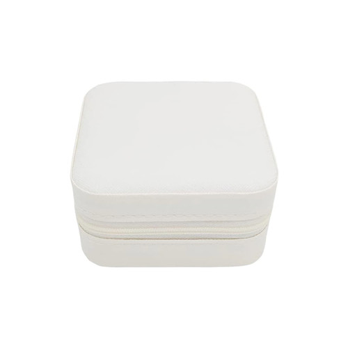 A white PU leather jewellery box with a squared shape and zipper closure. It features a subtle texture and a logo.