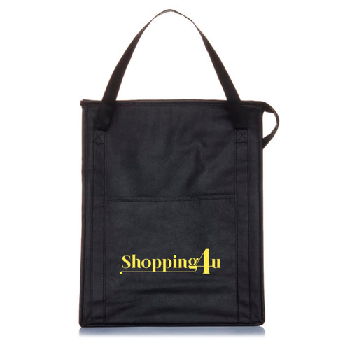 A black insulated grocery tote with a single handle and a front pocket, featuring branding on the front.