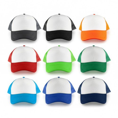 A collection of ten trucker caps featuring a white front and various coloured mesh backs in grey, black, orange, red, green, blue, and navy.