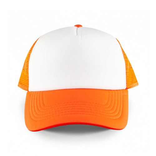 A five-panel trucker cap featuring a white front and orange mesh sides and brim, complete with a logo.