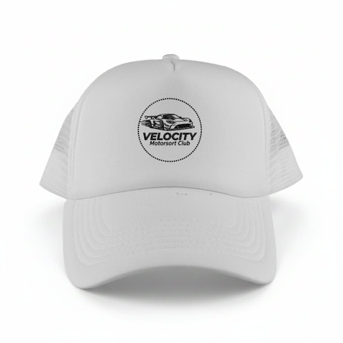 A white classic 5 panel trucker mesh cap featuring a logo on the front. The back is made of mesh fabric.