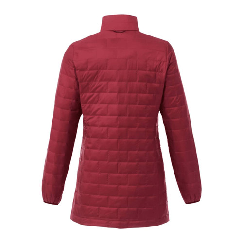 A burgundy lightweight puffer jacket with a packable design and a high collar, featuring a logo on the back.