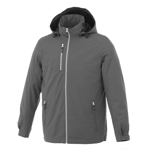 A grey men's rain jacket featuring a hood, zippered pockets, and a logo.