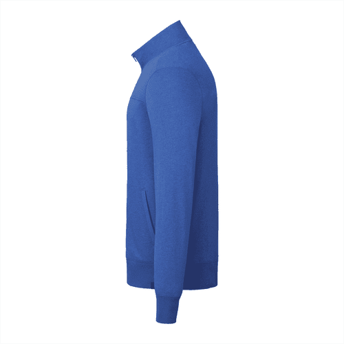 A full-zip men's fleece jacket in vibrant blue, featuring a high collar and side pockets. It has a logo on the chest.