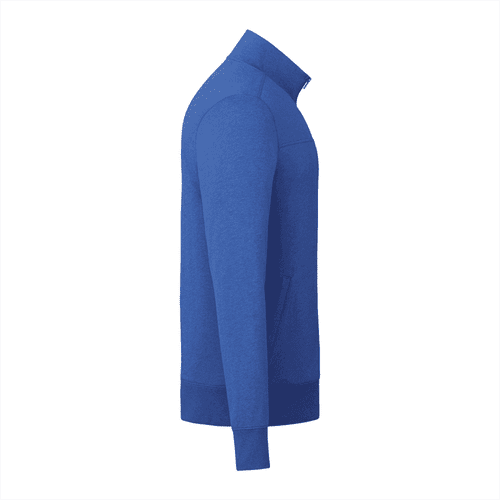 A blue men's full zip fleece jacket featuring a collar and a side pocket. It has a logo on the fabric.