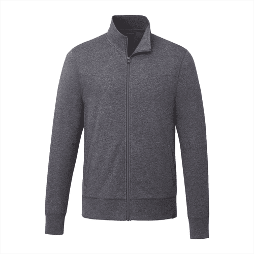 A grey fleece full zip jacket for men with a high collar and ribbed cuffs, featuring a logo on the side.