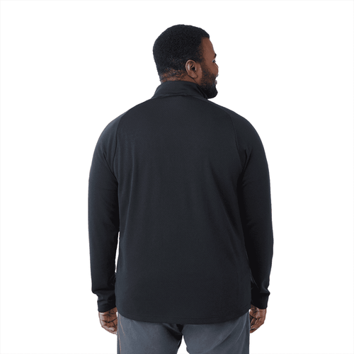 A black quarter zip jacket for men, featuring a collar and a logo on the back.