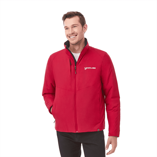 A red insulated jacket features a zip closure and standing collar, displayed on a smiling male model.