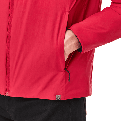 A red packable insulated jacket with a zip front and side pockets, featuring a small logo on the hem.