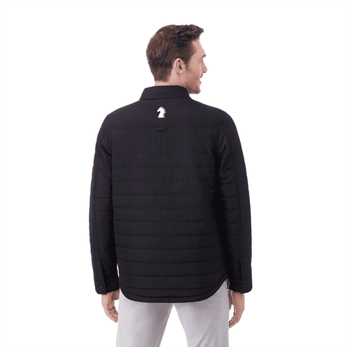 A black insulated shacket for men, featuring a logo on the back, with a collared design and long sleeves.