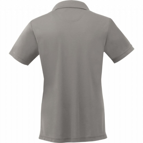 A grey women's short sleeve polo shirt with a collar and no visible branding.