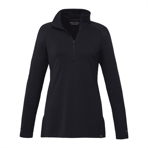 A black women's quarter-zip jacket with long sleeves and a stand-up collar, featuring a logo.