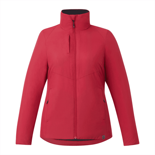 A red women's insulated puffer jacket with a high collar and zippered front, featuring two side pockets and a logo.