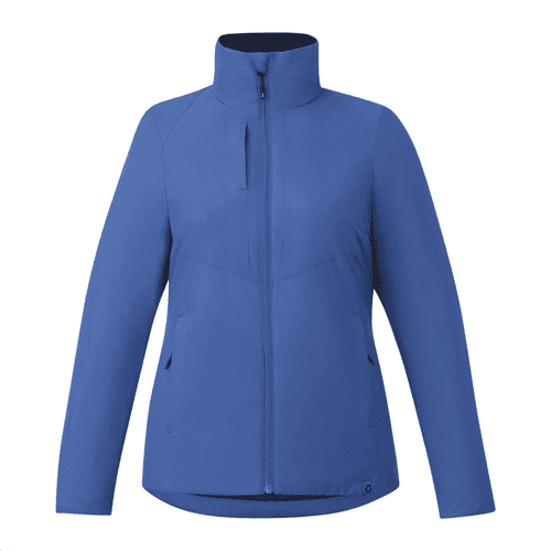 A blue insulated puffer jacket for women with a high collar and zippered pockets. Features a branding logo.