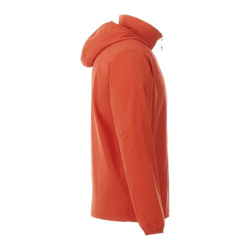An orange men's packable rain jacket featuring a hood, with a logo on the chest.